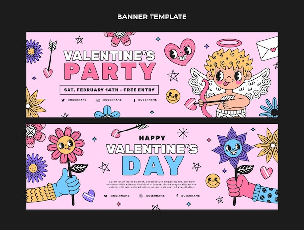 Set di banner orizzontali di San Valentino disegnati a mano