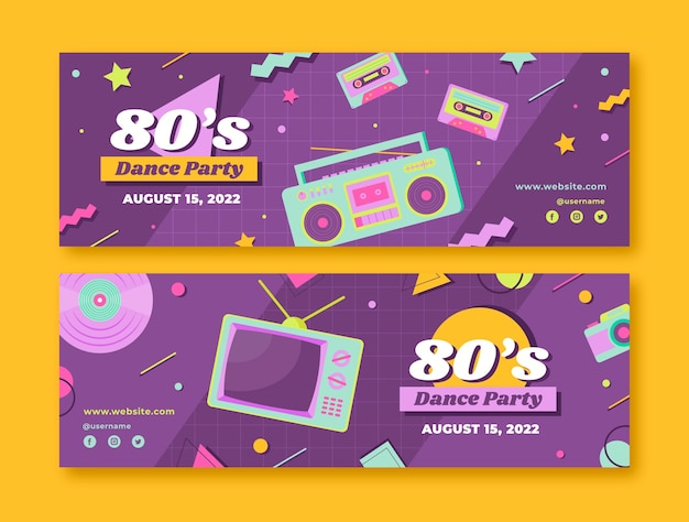 Set di banner orizzontali per feste a tema piatto anni '80