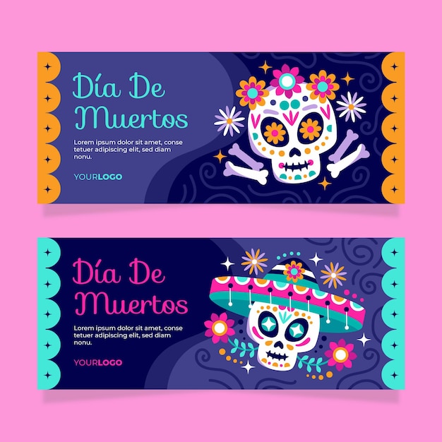 Set di banner orizzontali piatti dia de muertos