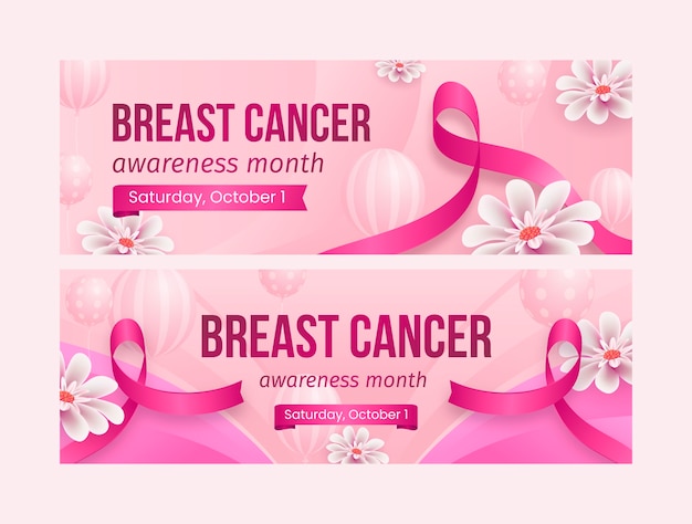 Set di banner orizzontali realistici del mese di consapevolezza del cancro al seno