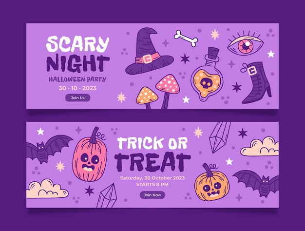 Set di banner orizzontali vintage disegnati a mano di Halloween