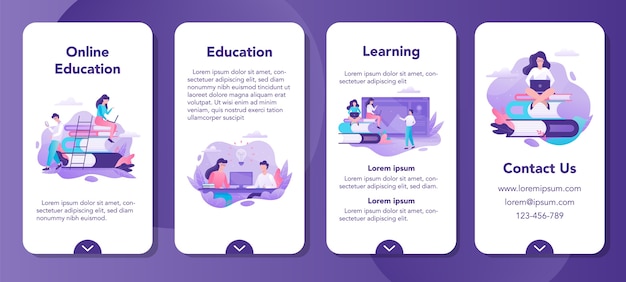 Set di banner per applicazioni mobili di formazione online. Idea di formazione a distanza e corsi a distanza. Studia usando il computer. Corso digitale.