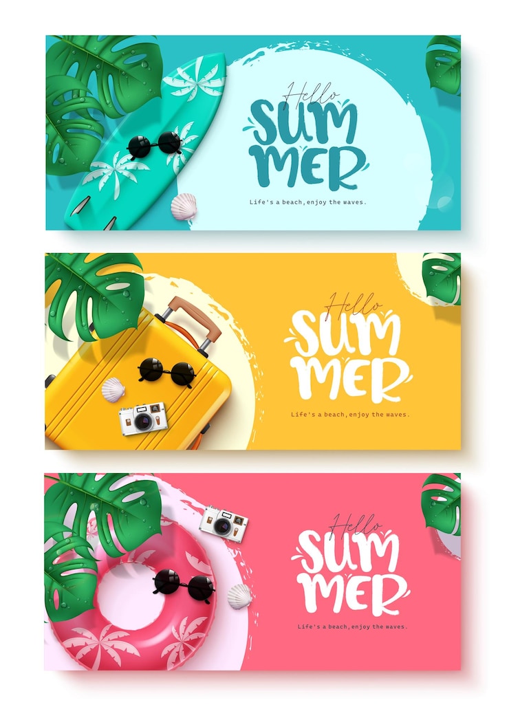Vettore set di banner vettoriali di testo "salve estate" "summer hello" con elementi di spiaggia in giallo blu