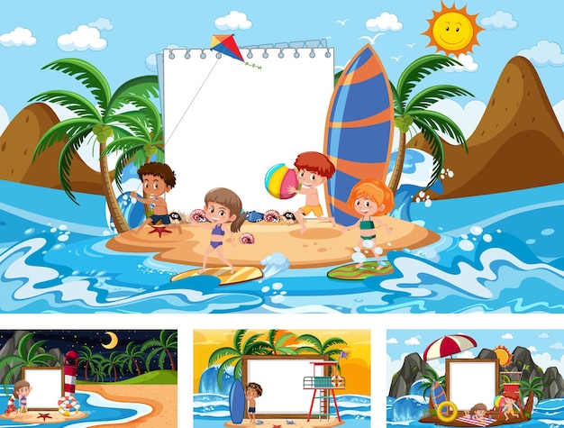 Set di banner vuoto in diverse scene di spiagge tropicali