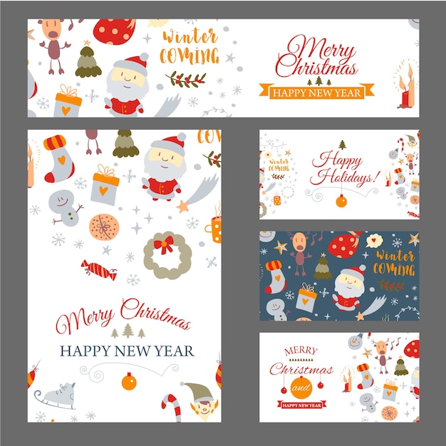 Set di banner web con elementi di design natalizio in vettore di cartoline di natale in stile scarabocchio