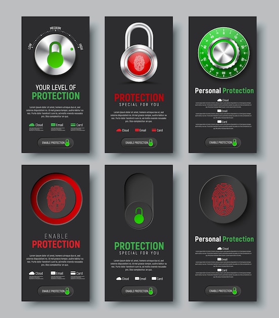 Set di banner web verticali neri per proteggere le informazioni. Modelli verticali con lucchetto, pulsante e interruttore con impronta digitale, serratura a combinazione meccanica e controllo del livello del cloud,