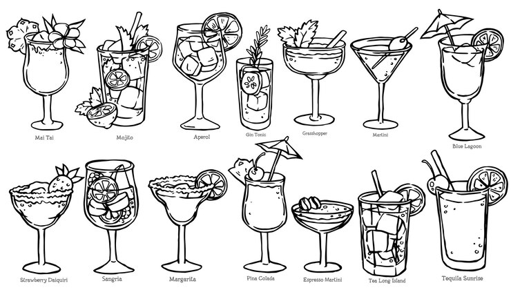 Set di bar di cocktail alcolici Illustrazione vettoriale in stile doodle