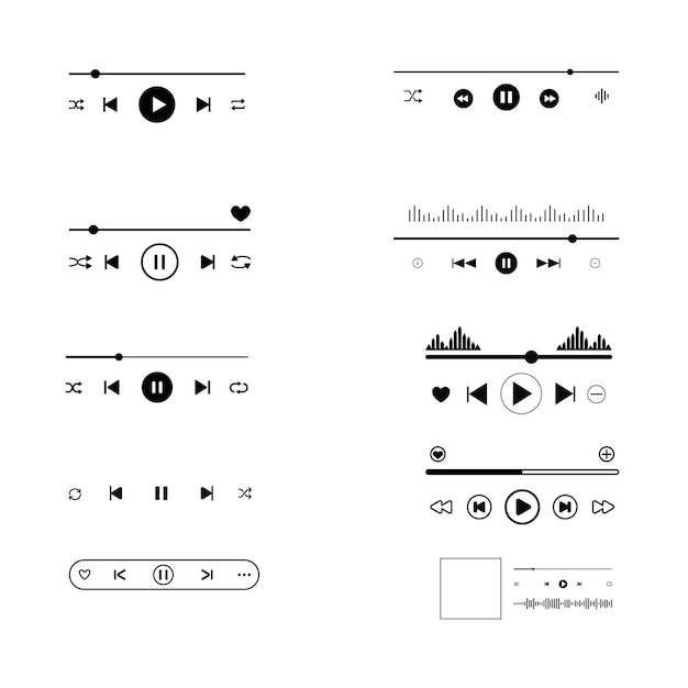 Set di barre di caricamento del progresso del lettore audio o video con scorrimento del tempo di riproduzione e pausa