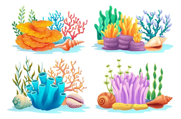 Set di barriere coralline con conchiglie in vari tipi di illustrazioni di cartoni animati