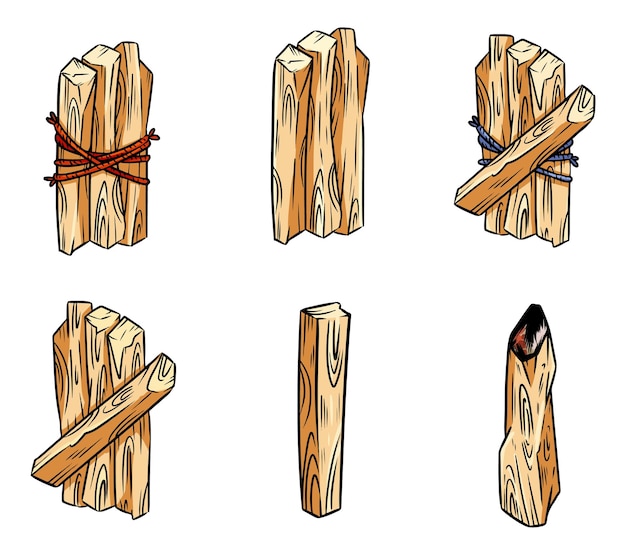 Set di bastoncini aromatici di albero di legno santo di Palo Santo dall'America Latina Collezione di immagini vettoriali per incenso bruciante