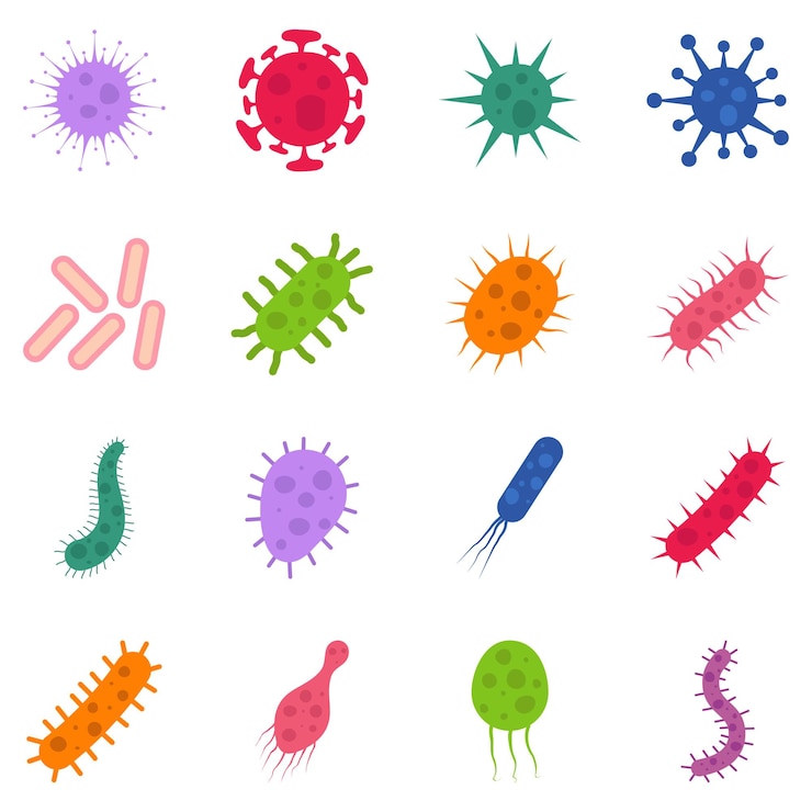 Vettore set di batteri e illustrazione vettoriale di virus in stile piatto malattie che causano virus e microbi batterici