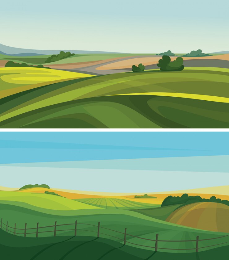 Vettore set di bellissimi campi agricoli. paesaggi naturali estivi.