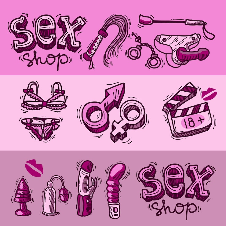 Vettore set di bellissimi dispositivi di sex shop di banner disegnati a mano per il tuo design