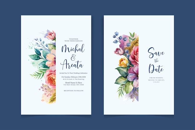 Set di bellissimi modelli di inviti da matrimonio ad acquerello a fiori