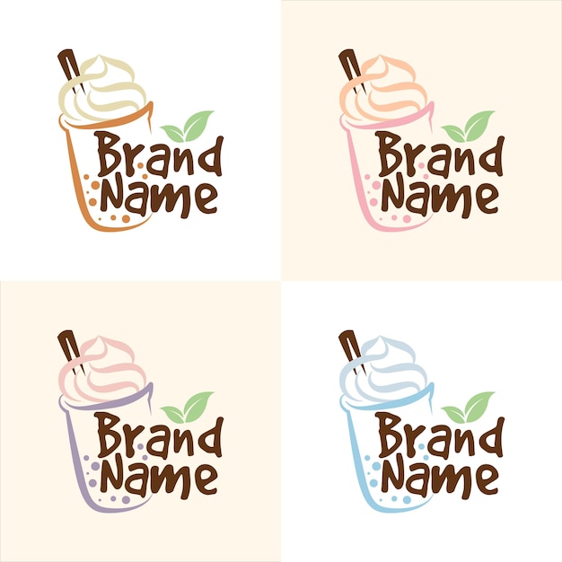 Set di bevande e bevande in tazza da tè Boba con modello di logo galleggiante per gelato in vari colori