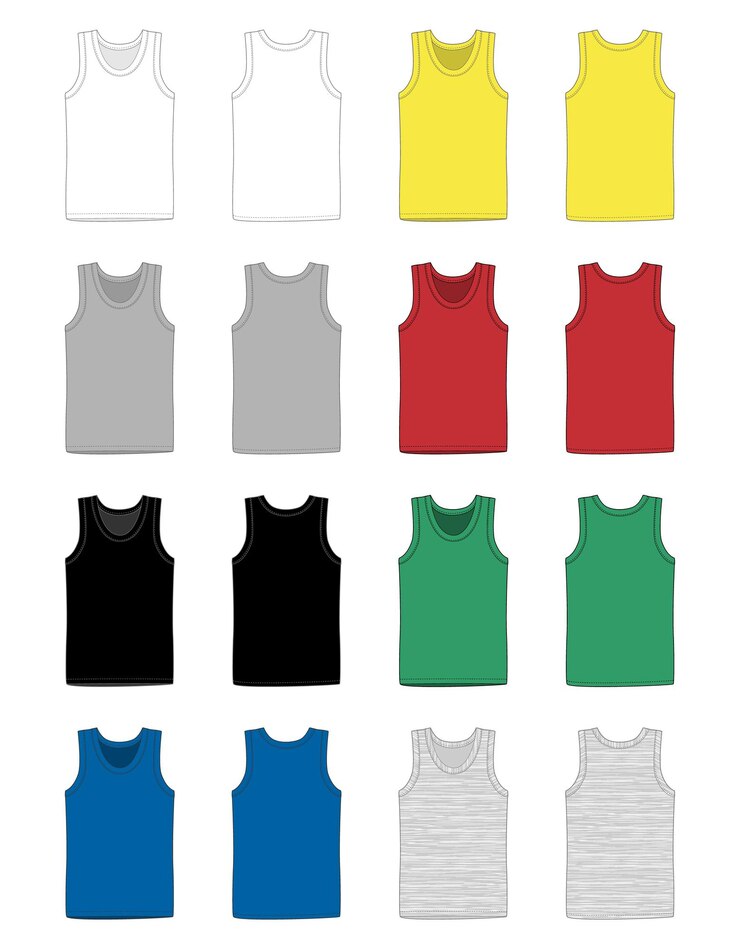 Set di biancheria intima da uomo. Canotta in vista anteriore e posteriore. Camicie sportive maschili senza maniche isolate o abbigliamento superiore da uomo. Modelli vuoti di t-shirt. Stile casual.