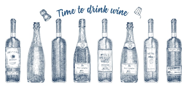 Set di bicchieri di schizzo disegnato a mano bottiglia di vino rosso champagne su sfondo bianco Design vettoriale vintage per menu bar ristorante caffetteria Incisione arte per poster banner flyer