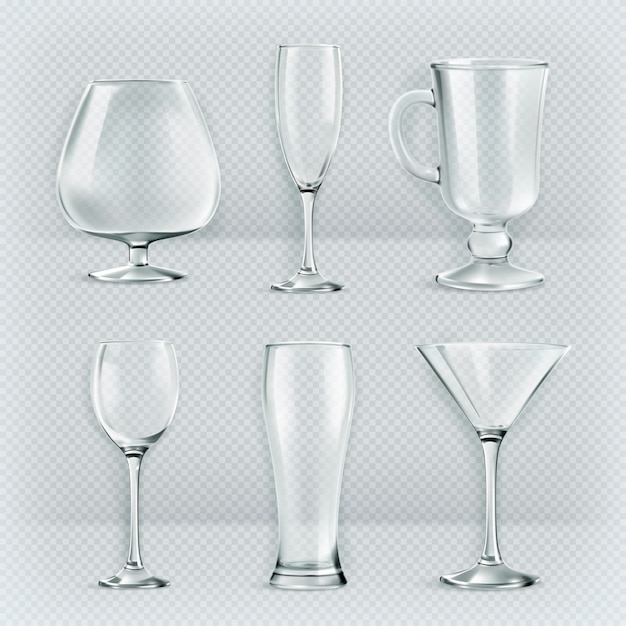 Set di bicchieri trasparenti calici, collezione di bicchieri da cocktail, illustrazione vettoriale,