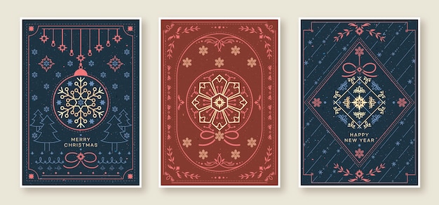 Set di biglietti di auguri di Natale con ornamenti decorativi vintage.