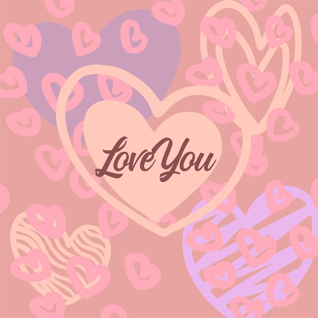 Set di biglietti di auguri di San Valentino. Design sottile di una linea vettoriale con cuori in stile piatto semplice. Scritte a mano scritte pennellate decorative, simboli d'amore per regali, cartoline, poster