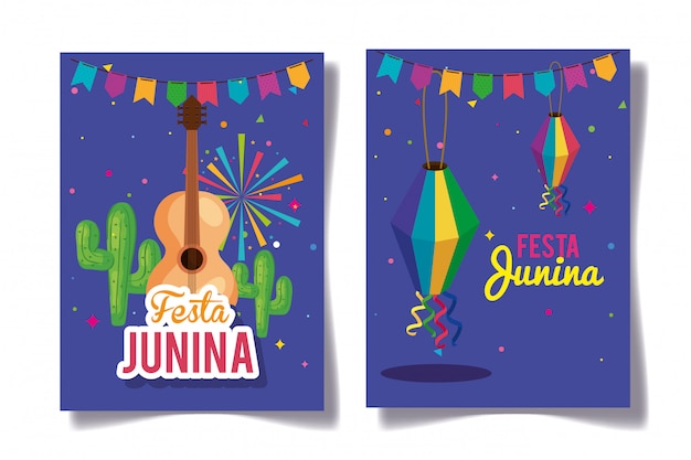 Set di biglietti di auguri festa junina con decorazioni