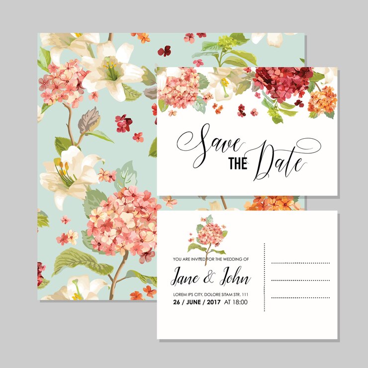 Vettore set di biglietti save the date con fiori di ortensia vintage autunnali per matrimonio, invito, festa in