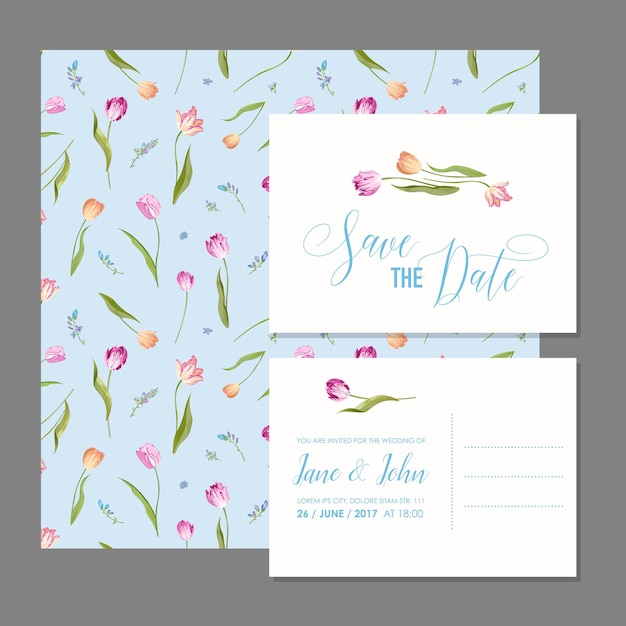 Set di biglietti Save the Date con fiori di tulipani in fiore