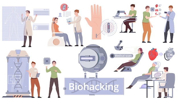 Set di biohacking con persone che fanno ricerche e test con apparecchiature innovative per prolungare la durata della vita e migliorare l'illustrazione vettoriale isolata piatta sanitaria