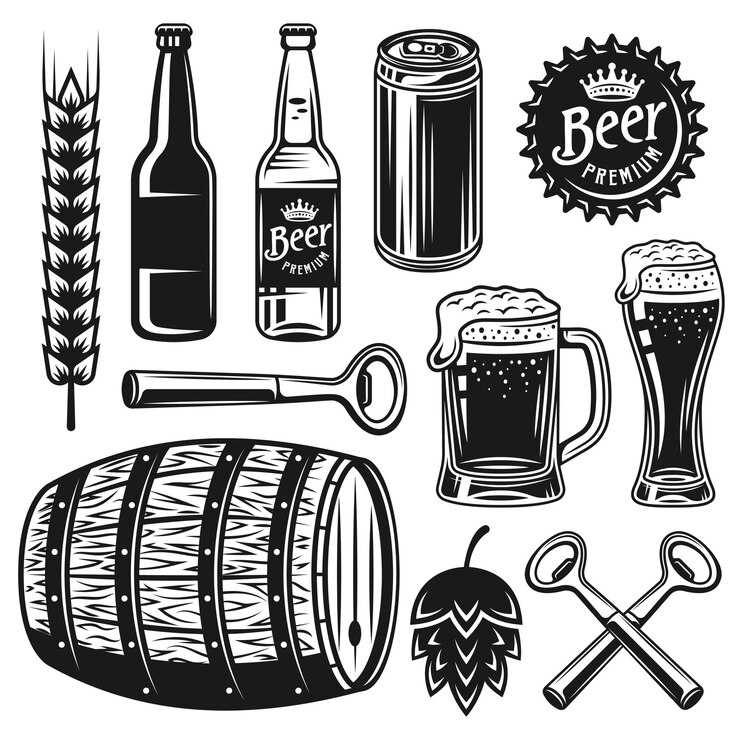Set di birra e birreria di oggetti neri o elementi grafici in stile vintage