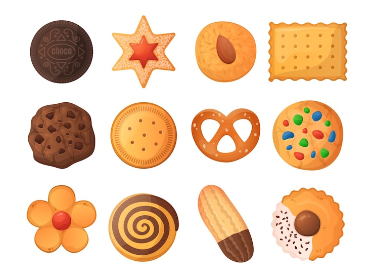 Vettore set di biscotti vista dall'alto di biscotti e torte dolci pan di zenzero e cracker isolati frollini rotondi al cioccolato panetteria e pasticceria al burro dolci al forno spuntini deliziosi collezione di dessert vettoriali