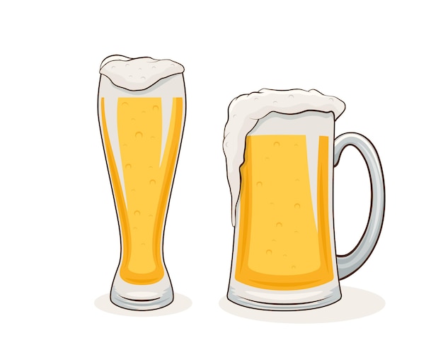 Set di boccali di vetro da birra disegnati a mano vettoriali Bevande di birra gialle con molta schiuma