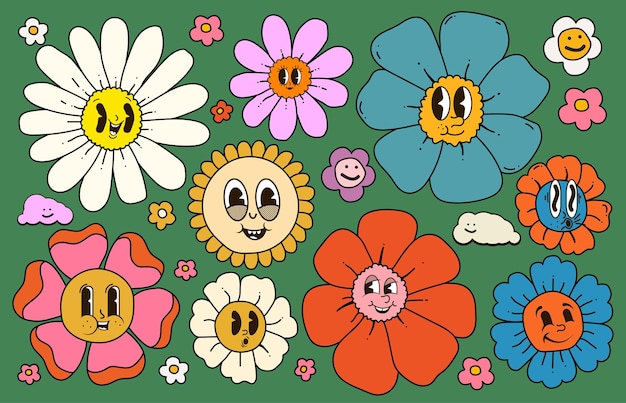 Set di boccioli di fiori hippie vintage groovy con facce divertenti dei cartoni animati