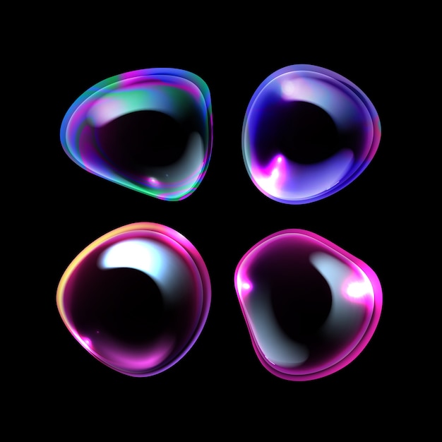 set di bolle di sapone o shampoo colorate realistiche in diverse forme con riflesso arcobaleno