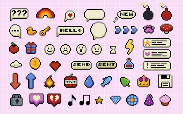 Set di bolle e icone vocali pixel art Scatola di dialogo in stile gioco retro ed elementi vettoriali