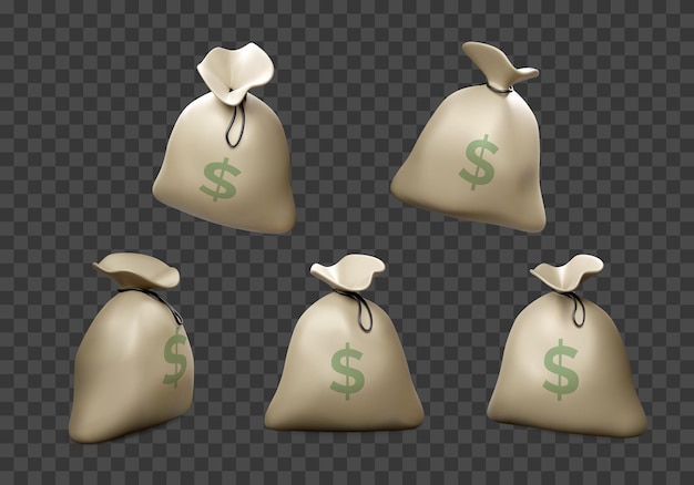 Set di borsa per soldi in stile cartone animato realistico. Affari e finanza. Sacco con il simbolo del dollaro su di esso. Illustrazione vettoriale