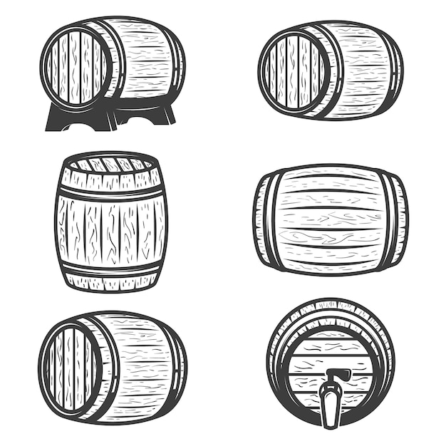 Set di botti di birra su sfondo bianco. elementi per logo, etichetta, emblema, segno, marchio.