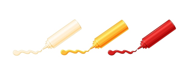 Set di bottiglie di plastica con salse. Maionese, ketchup e senape vengono spremuti dalle bottiglie. Illustrazione vettoriale