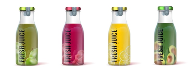 Set di bottiglie di succo realistiche imballaggio 3D per bevande detox Frutta e bacca avocado limone e bevande di mela progettazione pubblicitaria Contenitori in plastica per il marchio Prodotti alimentari naturali Vector