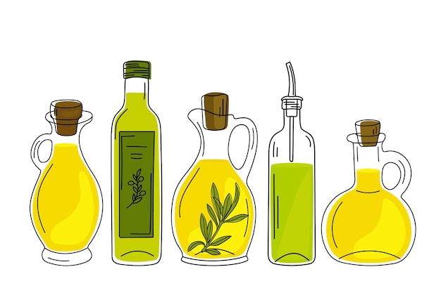 Set di bottiglie disegnate a mano con olio d'oliva