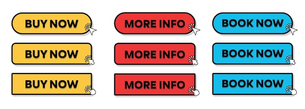 Set di Buy Now More Info Button Now Button con puntatore a mano o puntatore a freccia illustrazione vettoriale