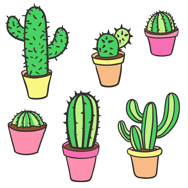 Set di cactus Collezione vettoriale di cactus Set di cactus di cactus disegnati a mano