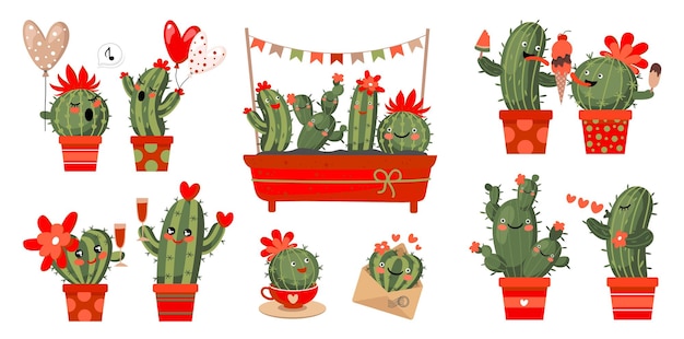 Set di cactus divertenti. Adesivi di cactus.