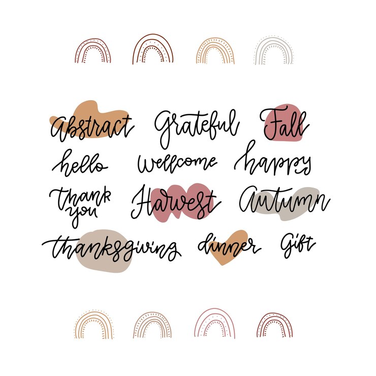 Vettore set di calligrafia autunnale. grande raccolta di citazioni autunnali isolate. illustrazione di lettere lineari con decorazioni ad arco doodle.