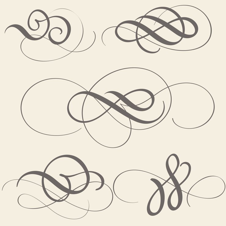 Vettore set di calligrafia fiorire arte con spirali decorativi vintage.