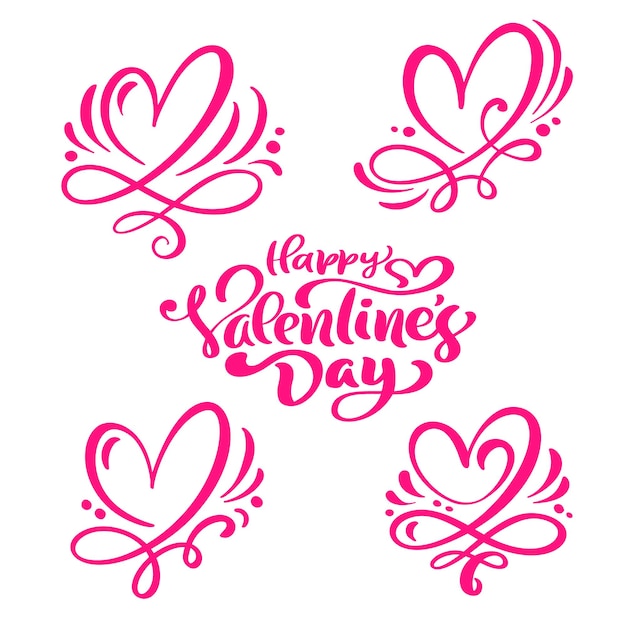 Set di calligrafia rossa testo Happy Valentines Day e cuori Vector Valentines Day Hand Drawn