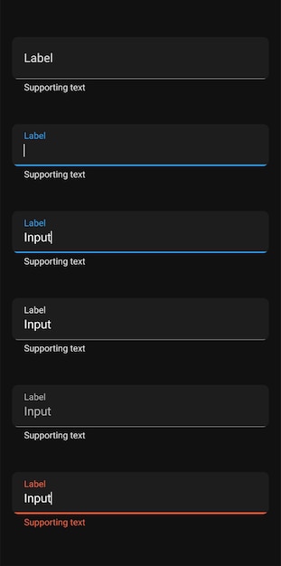 Set di campi di input di testo con stati di focalizzazione predefinita ed errore