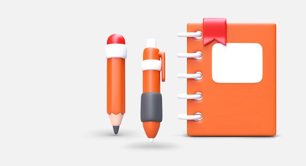 Set di cancelleria per studente impiegato Notebook 3D arancione penna matita con ombre Note sui fogli Diario di pianificazione personale Note di lavoro Poster vettoriale a colori