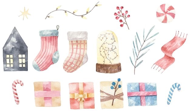 Set di capodanno con clipart natalizie, illustrazione ad acquerello infantile