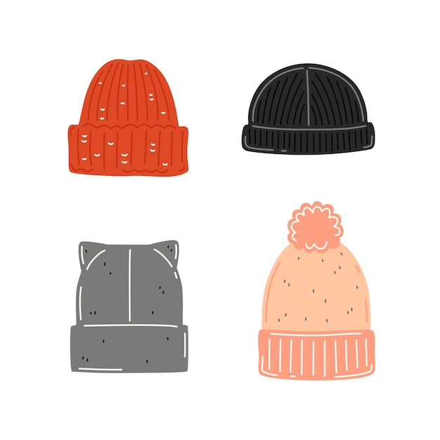 Set di cappelli caldi. Abbigliamento stagionale autunnale o invernale. Illustrazione piatta vettoriale