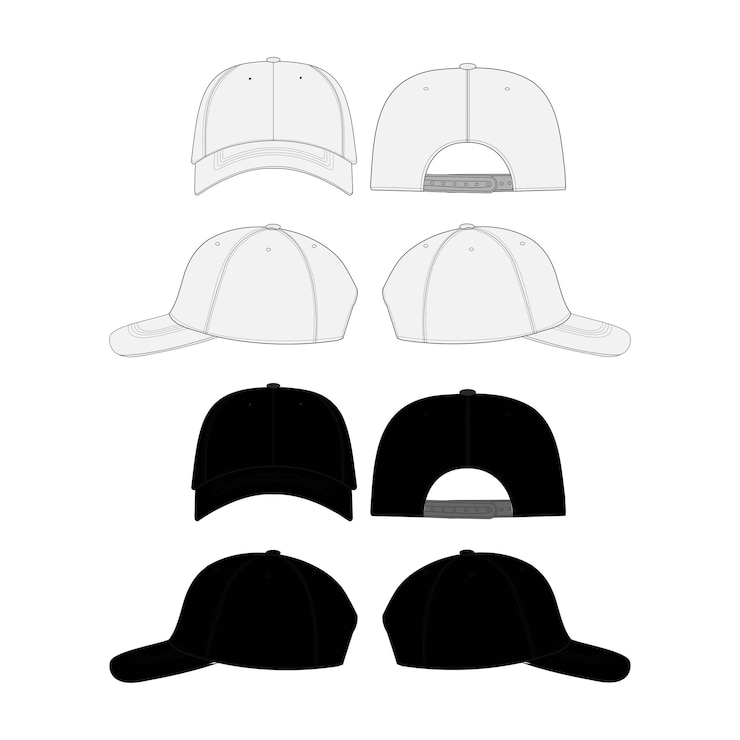 Vettore set di cappelli da strada mockup vector plain baseball cap streetwear trucker hat snap back tecnico